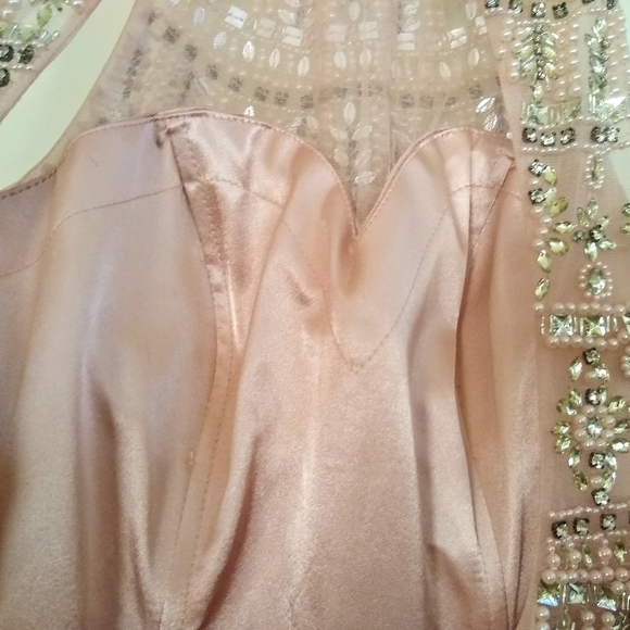 Heavily Beaded Pink & Silver Illusion High Neck, Backless, A-line Formal Gown - Picture 6 of 7